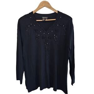 Vintage Gardy Sweater Womens XL Black Y2K Floral Beaded Glam Knit Embellished